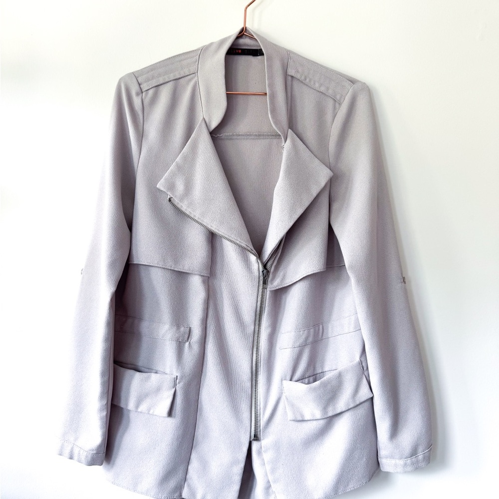 Light Gray Waterfall Collar Blazer with Relaxed Silhouette
